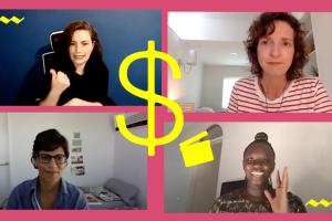 A screenshot of IDA's Grant Writing workshop with Dana Merwin, Zippy Kimundu, Meena Nanji and ASL Interpreter Mara Bassani-Santamaria